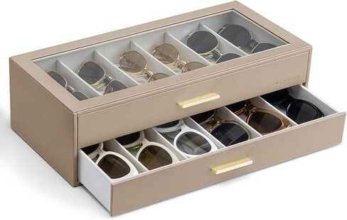 VLANDO 12-Slot Sunglasses Organizer Case, Large Capacity Eyeglass Storage Box with Clear Lid & 2 Drawers, PU Leather Sunglass Holder for Women Men, Ideal Gift for Eyewear Lovers - Beige in Kuwait