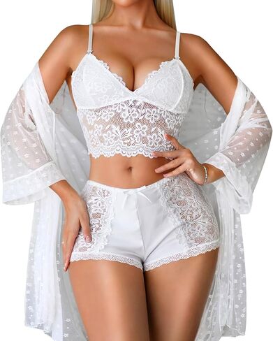 Women Sexy Lingerie Set - 3 Piece Lace Bra and Panty Sets with Mesh Kimono Robe Nightgown Sleepwear in Saudi Arabia
