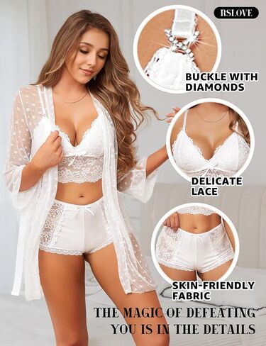 Women Sexy Lingerie Set - 3 Piece Lace Bra and Panty Sets with Mesh Kimono Robe Nightgown Sleepwear in Saudi Arabia