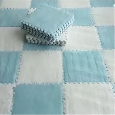 Solid Color Carpet Soft Plush Puzzle Mat BPA-Free Interlocking Foam Living Room Rug Warm Non-Slip Washable Floor Protector Home Decor Mat(White Blue,30x30cm 16Pcs) in Kuwait
