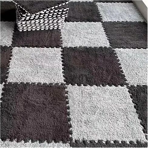 Solid Color Carpet Soft Plush Puzzle Mat BPA-Free Interlocking Foam Living Room Rug Warm Non-Slip Washable Floor Protector Home Decor Mat(Black Gray,30x30cm 8Pcs) in Kuwait