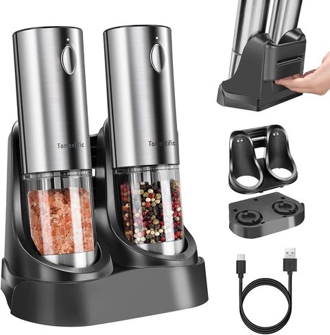 [Upgraded Larger Capacity]Electric Salt and Pepper Grinder Set Tomentific, Automatic Pepper Mills with Easy-to-Carry Dual Charging Station and Adjustable Coarseness, LED Light, Stainless Steel in Saudi Arabia