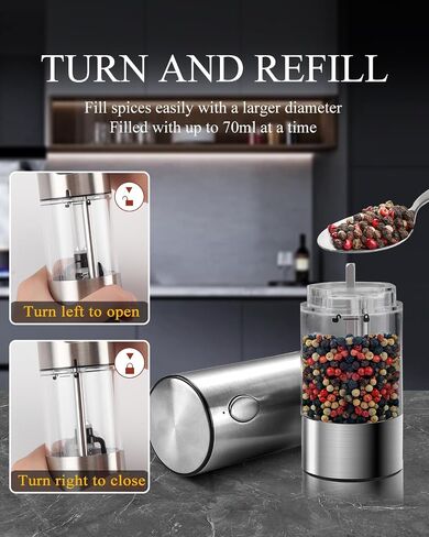 [Upgraded Larger Capacity]Electric Salt and Pepper Grinder Set Tomentific, Automatic Pepper Mills with Easy-to-Carry Dual Charging Station and Adjustable Coarseness, LED Light, Stainless Steel in Saudi Arabia