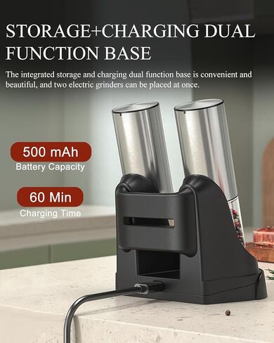 [Upgraded Larger Capacity]Electric Salt and Pepper Grinder Set Tomentific, Automatic Pepper Mills with Easy-to-Carry Dual Charging Station and Adjustable Coarseness, LED Light, Stainless Steel in Saudi Arabia