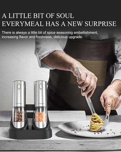 [Upgraded Larger Capacity]Electric Salt and Pepper Grinder Set Tomentific, Automatic Pepper Mills with Easy-to-Carry Dual Charging Station and Adjustable Coarseness, LED Light, Stainless Steel in Saudi Arabia