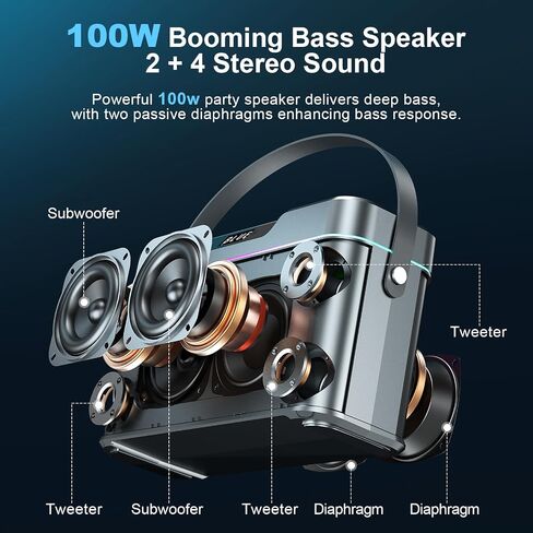 Karaoke Machine - 100W Super Bass Bluetooth Speaker with 2 Wireless Microphones, Portable PA System with LED Lights, Professional Loudspeaker, Supports TWS Pairing, and Bass/Treble/Echo Adjustment in Saudi Arabia