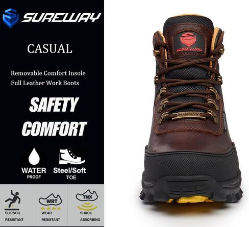 حذاء عمل رجالي من SUREWAY مقاس 6 بوصات ناعم/فولاذ عالي التحمل مقاوم للماء - جلد، أربطة، مقاوم للزيت/الانزلاق، نعل خارجي مريح مزدوج الكثافة، EH Construction صناعي آمن للكاحل للرجال in Kuwait