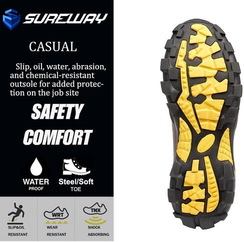 حذاء عمل رجالي من SUREWAY مقاس 6 بوصات ناعم/فولاذ عالي التحمل مقاوم للماء - جلد، أربطة، مقاوم للزيت/الانزلاق، نعل خارجي مريح مزدوج الكثافة، EH Construction صناعي آمن للكاحل للرجال in Kuwait