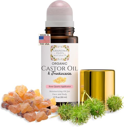 Organic Castor Oil + Frankincense Roll-On with Rose Quartz Roller | Glass Bottle, Cold Pressed, Hexane Free | Moisturize Skin, Help Improve Appearance of Fine Lines, Wrinkles & Eyebrows | Face & Body in Kuwait