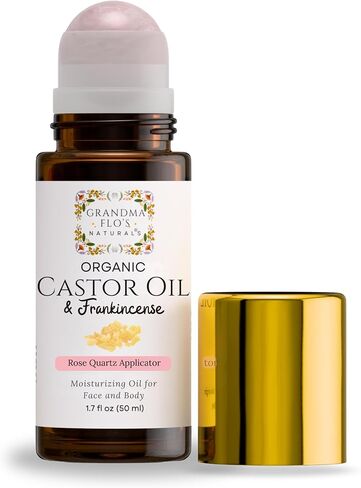 Organic Castor Oil + Frankincense Roll-On with Rose Quartz Roller | Glass Bottle, Cold Pressed, Hexane Free | Moisturize Skin, Help Improve Appearance of Fine Lines, Wrinkles & Eyebrows | Face & Body in Kuwait