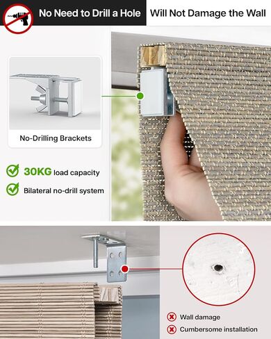 LazBlinds No Drill Cordless Bamboo Roman Shades, Light Filtering Blinds for Indoor Windows, Roll Up Bamboo Blinds for Home, 36" W x 64" H, Star-Grey in Kuwait