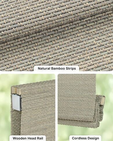 LazBlinds No Drill Cordless Bamboo Roman Shades, Light Filtering Blinds for Indoor Windows, Roll Up Bamboo Blinds for Home, 36" W x 64" H, Star-Grey in Kuwait