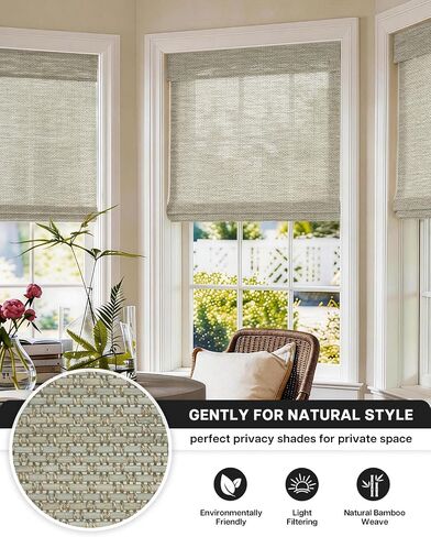LazBlinds No Drill Cordless Bamboo Roman Shades, Light Filtering Blinds for Indoor Windows, Roll Up Bamboo Blinds for Home, 36" W x 64" H, Star-Grey in Kuwait