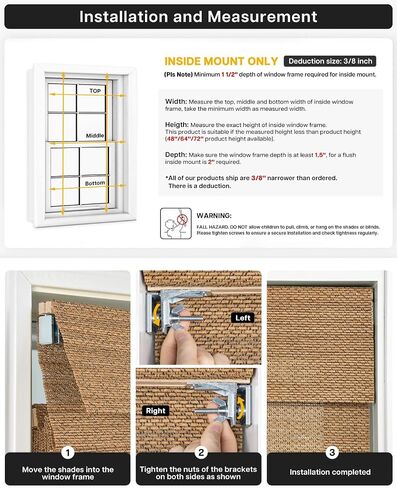 LazBlinds No Drill Cordless Bamboo Roman Shades, Light Filtering Blinds for Indoor Windows, Roll Up Bamboo Blinds for Home, 36" W x 64" H, Star-Grey in Kuwait
