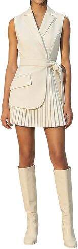 Women's Belt Blazer Dress Lapel Notch Neck Sleeveless Elegant Vest Pleated Mini Dress Summer Business Matching Suits in Saudi Arabia