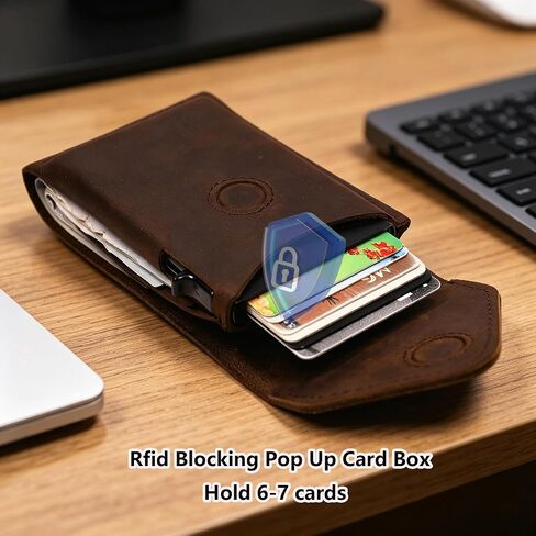 محفظة نقود رفيعة للرجال - محفظة مدمجة مع صندوق حامل بطاقات منبثق بتقنية Rfid - إغلاق مغناطيسي بغطاء - جلد محبب بالكامل (بني داكن) in Kuwait
