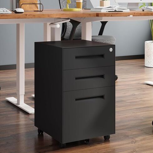 Dripex 3 Drawer File Cabinet, Mobile File Cabinet with Lock on Wheels, Letter/Legal Size, Fully Assembled, Modern Small Short Vertical Metal Rolling Filing Cabinets Under Desk for Home Office (Black) in Saudi Arabia