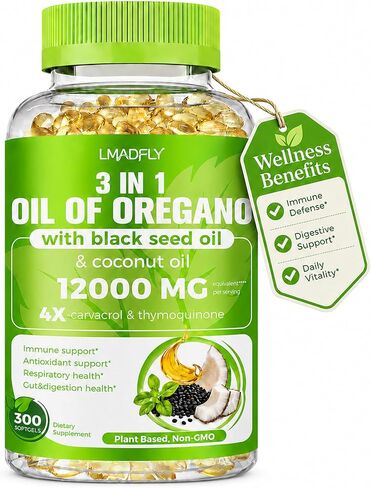 LMADELY Oil of Oregano Softgels with Black Seed Oil & Coconut Oil, 300 Count Small Softgels, 3-in-1 Oregano Extract Supplement, Non-GMO Herbal Formula for Daily Wellness in Saudi Arabia