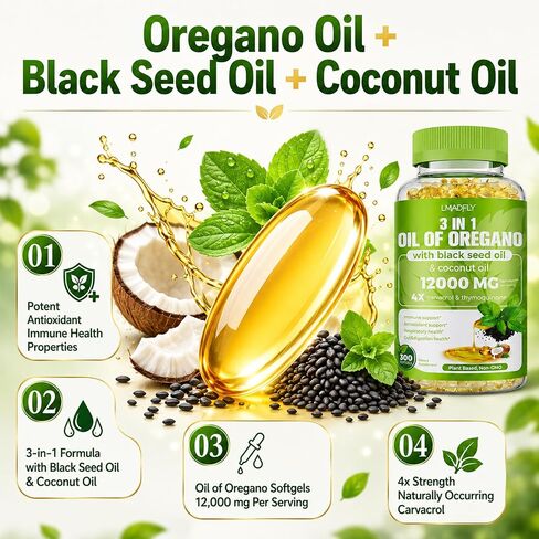 LMADELY Oil of Oregano Softgels with Black Seed Oil & Coconut Oil, 300 Count Small Softgels, 3-in-1 Oregano Extract Supplement, Non-GMO Herbal Formula for Daily Wellness in Saudi Arabia