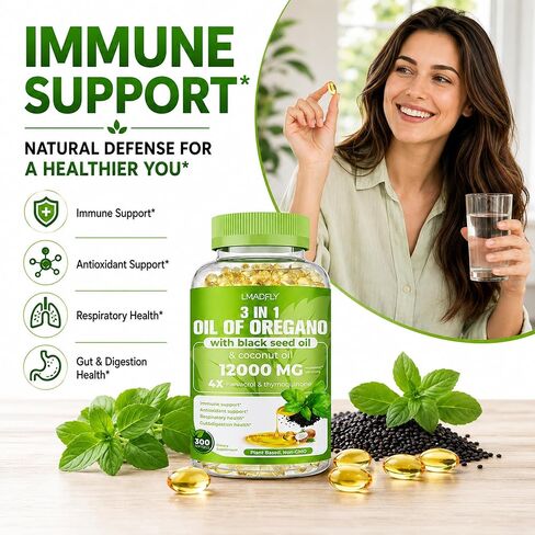 LMADELY Oil of Oregano Softgels with Black Seed Oil & Coconut Oil, 300 Count Small Softgels, 3-in-1 Oregano Extract Supplement, Non-GMO Herbal Formula for Daily Wellness in Saudi Arabia