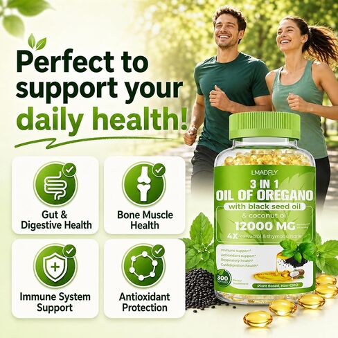 LMADELY Oil of Oregano Softgels with Black Seed Oil & Coconut Oil, 300 Count Small Softgels, 3-in-1 Oregano Extract Supplement, Non-GMO Herbal Formula for Daily Wellness in Saudi Arabia