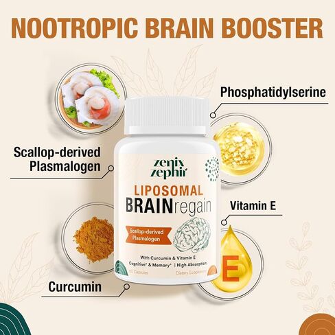 Liposomal Brain Supplements for Memory and Focus - Plasmalogen with Curcumin & Vitamin E for Better Absorption- Suitable for Seniors,Adult Men & Women Cognitive Health,High Potency 60 Servings in Kuwait