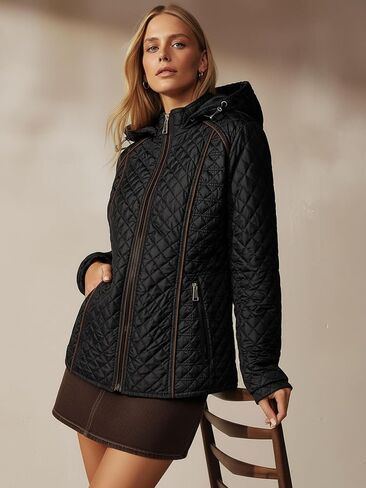 Women's Lightweight Quilted Puffer Jacket Padded Zip Warm Coat Detachable Hooded for Spring and Winter in Saudi Arabia
