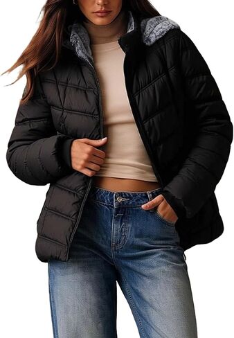 Women's Lightweight Quilted Puffer Jacket Padded Zip Warm Coat Detachable Hooded for Spring and Winter in Saudi Arabia