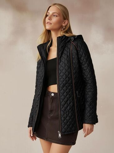 Women's Lightweight Quilted Puffer Jacket Padded Zip Warm Coat Detachable Hooded for Spring and Winter in Saudi Arabia