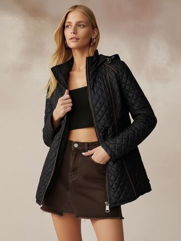 Women's Lightweight Quilted Puffer Jacket Padded Zip Warm Coat Detachable Hooded for Spring and Winter in Saudi Arabia