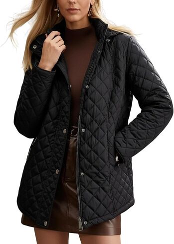 Women's Lightweight Quilted Puffer Jacket Padded Zip Warm Coat Detachable Hooded for Spring and Winter in Saudi Arabia
