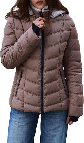 Women's Lightweight Quilted Puffer Jacket Padded Zip Warm Coat Detachable Hooded for Spring and Winter in Saudi Arabia