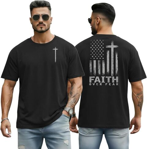 Men's Jesus Christian Shirts Christ Independence Day America Flag Patriotic Tshirts God Faith Regular Fit Casual Tops in Kuwait