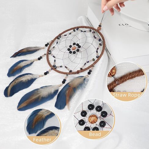 Blue Dream Catcher, Handmade Rattan Large Dreamcatcher Ornaments with Feathers and ABS Beads, Hanging Wall Decoration for Bedroom, Living Room to Have a Good Mood and Sleep (Blue) in Kuwait