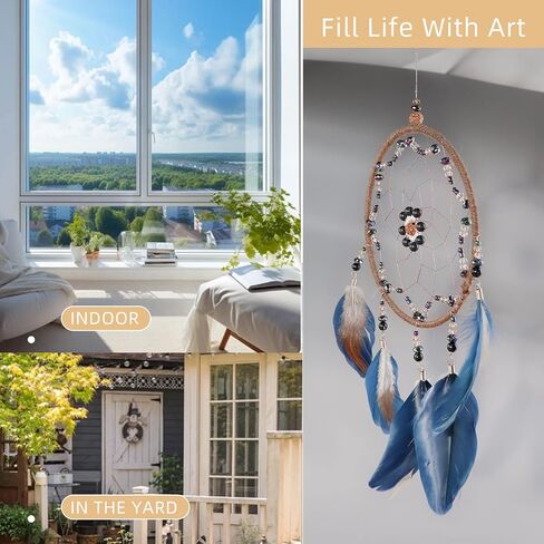 Blue Dream Catcher, Handmade Rattan Large Dreamcatcher Ornaments with Feathers and ABS Beads, Hanging Wall Decoration for Bedroom, Living Room to Have a Good Mood and Sleep (Blue) in Kuwait