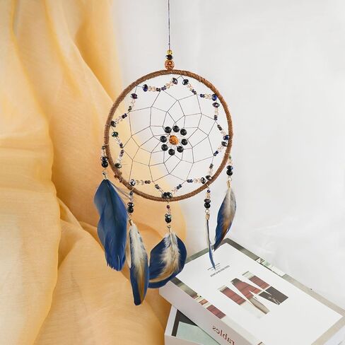 Blue Dream Catcher, Handmade Rattan Large Dreamcatcher Ornaments with Feathers and ABS Beads, Hanging Wall Decoration for Bedroom, Living Room to Have a Good Mood and Sleep (Blue) in Kuwait