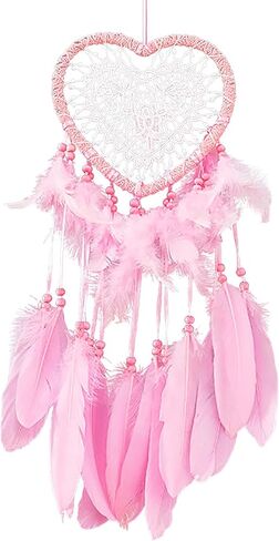Dream Catcher,Lovely Heart Shape Dreamcatcher Handmade Lace Dream Catcher Feather Bead Wall Hanging Boho Woven Art Ornament Gift Craft Dreamcatcher Wind Chimes for Home Children Bedroom Decor (Pink) in Kuwait