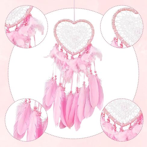 Dream Catcher,Lovely Heart Shape Dreamcatcher Handmade Lace Dream Catcher Feather Bead Wall Hanging Boho Woven Art Ornament Gift Craft Dreamcatcher Wind Chimes for Home Children Bedroom Decor (Pink) in Kuwait