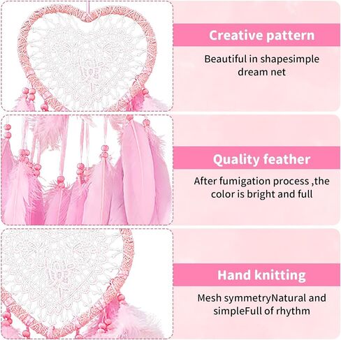 Dream Catcher,Lovely Heart Shape Dreamcatcher Handmade Lace Dream Catcher Feather Bead Wall Hanging Boho Woven Art Ornament Gift Craft Dreamcatcher Wind Chimes for Home Children Bedroom Decor (Pink) in Kuwait