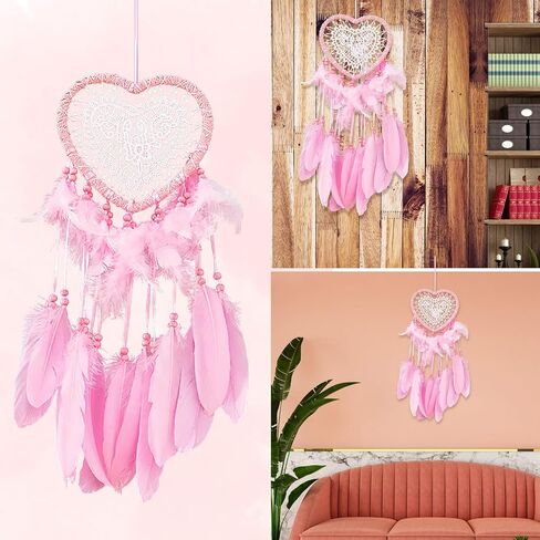 Dream Catcher,Lovely Heart Shape Dreamcatcher Handmade Lace Dream Catcher Feather Bead Wall Hanging Boho Woven Art Ornament Gift Craft Dreamcatcher Wind Chimes for Home Children Bedroom Decor (Pink) in Kuwait