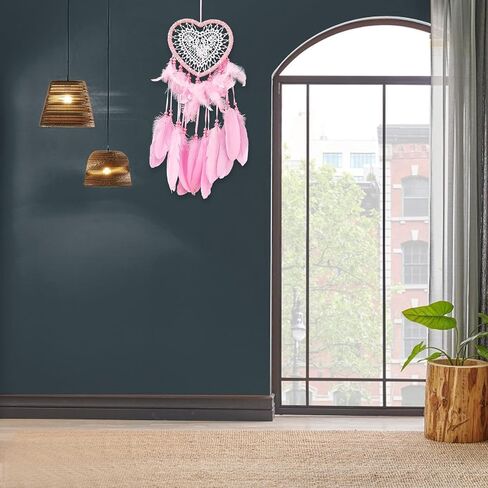 Dream Catcher,Lovely Heart Shape Dreamcatcher Handmade Lace Dream Catcher Feather Bead Wall Hanging Boho Woven Art Ornament Gift Craft Dreamcatcher Wind Chimes for Home Children Bedroom Decor (Pink) in Kuwait
