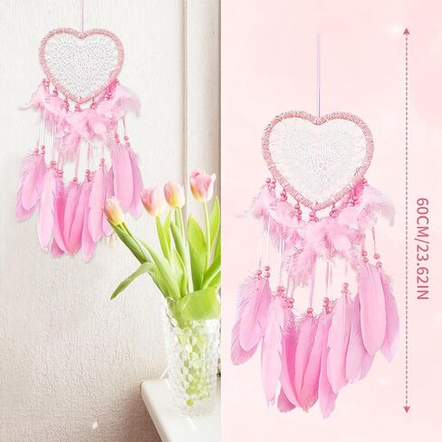 Dream Catcher,Lovely Heart Shape Dreamcatcher Handmade Lace Dream Catcher Feather Bead Wall Hanging Boho Woven Art Ornament Gift Craft Dreamcatcher Wind Chimes for Home Children Bedroom Decor (Pink) in Kuwait