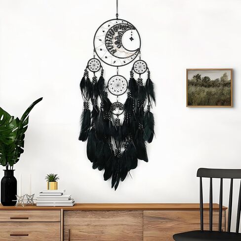 Large Dream Catchers, Handmade Woven Moon Healing Crystal Stone Dream Catcher Wall Hanging Ornament for Bedroom Living Room Wedding Party Decor, Festival Blessing Craft Gift (Black Moon) in Kuwait