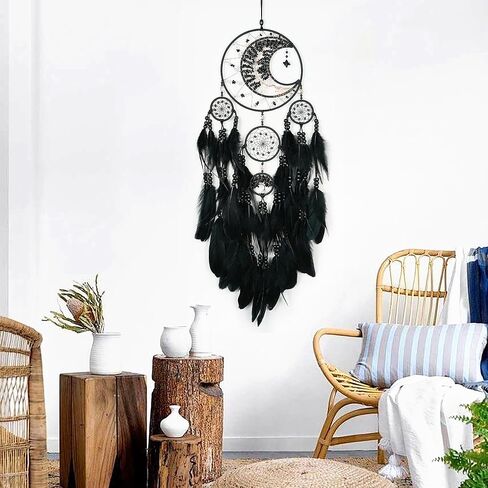 Large Dream Catchers, Handmade Woven Moon Healing Crystal Stone Dream Catcher Wall Hanging Ornament for Bedroom Living Room Wedding Party Decor, Festival Blessing Craft Gift (Black Moon) in Kuwait
