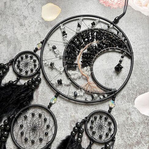 Large Dream Catchers, Handmade Woven Moon Healing Crystal Stone Dream Catcher Wall Hanging Ornament for Bedroom Living Room Wedding Party Decor, Festival Blessing Craft Gift (Black Moon) in Kuwait