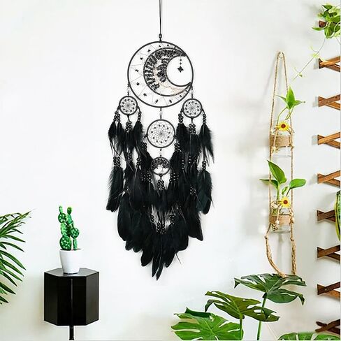 Large Dream Catchers, Handmade Woven Moon Healing Crystal Stone Dream Catcher Wall Hanging Ornament for Bedroom Living Room Wedding Party Decor, Festival Blessing Craft Gift (Black Moon) in Kuwait