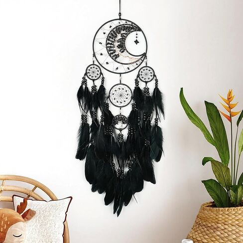 Large Dream Catchers, Handmade Woven Moon Healing Crystal Stone Dream Catcher Wall Hanging Ornament for Bedroom Living Room Wedding Party Decor, Festival Blessing Craft Gift (Black Moon) in Kuwait