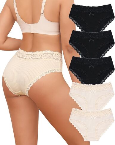 Aijolen Cotton Underwear for Women Breathable Lace Bikini Panties Ladies Hipster Underpants 5pack in Saudi Arabia