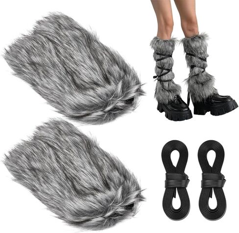 NBEADS Faux Fur Fuzzy Leg Warmers, Women's Furry Boot Covers with Strap Warm Fur Boot Cuffs Medieval Fuzzy Leg Warmers for Women Viking Costume Halloween Cosplay Accessory Gray in Kuwait