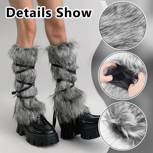 NBEADS Faux Fur Fuzzy Leg Warmers, Women's Furry Boot Covers with Strap Warm Fur Boot Cuffs Medieval Fuzzy Leg Warmers for Women Viking Costume Halloween Cosplay Accessory Gray in Kuwait